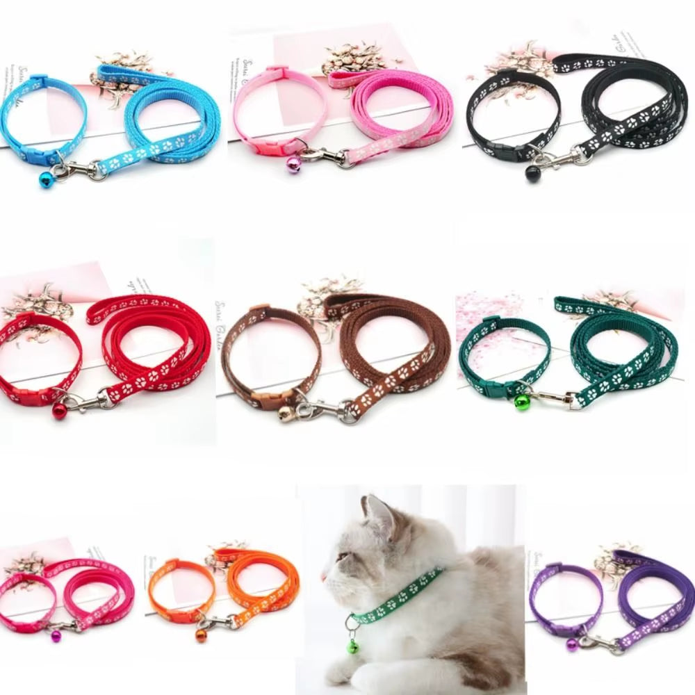 Cute Polyester Cat Harness and Leash Set with Bell Paw Pattern Pet Walking Vest Detachable Colorful Dog Harness Belt Rabbit