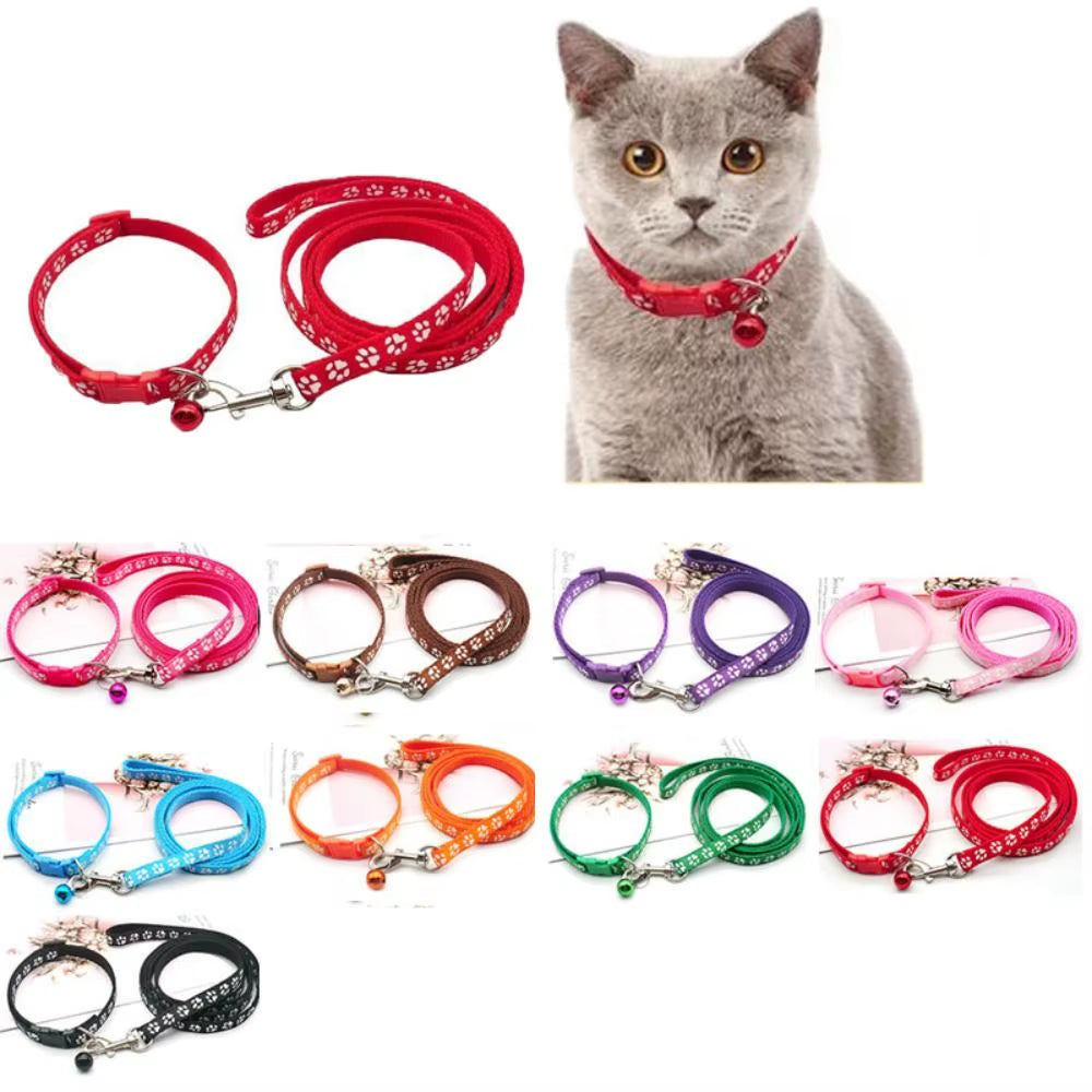 Cute Polyester Cat Harness and Leash Set with Bell Paw Pattern Pet Walking Vest Detachable Colorful Dog Harness Belt Rabbit