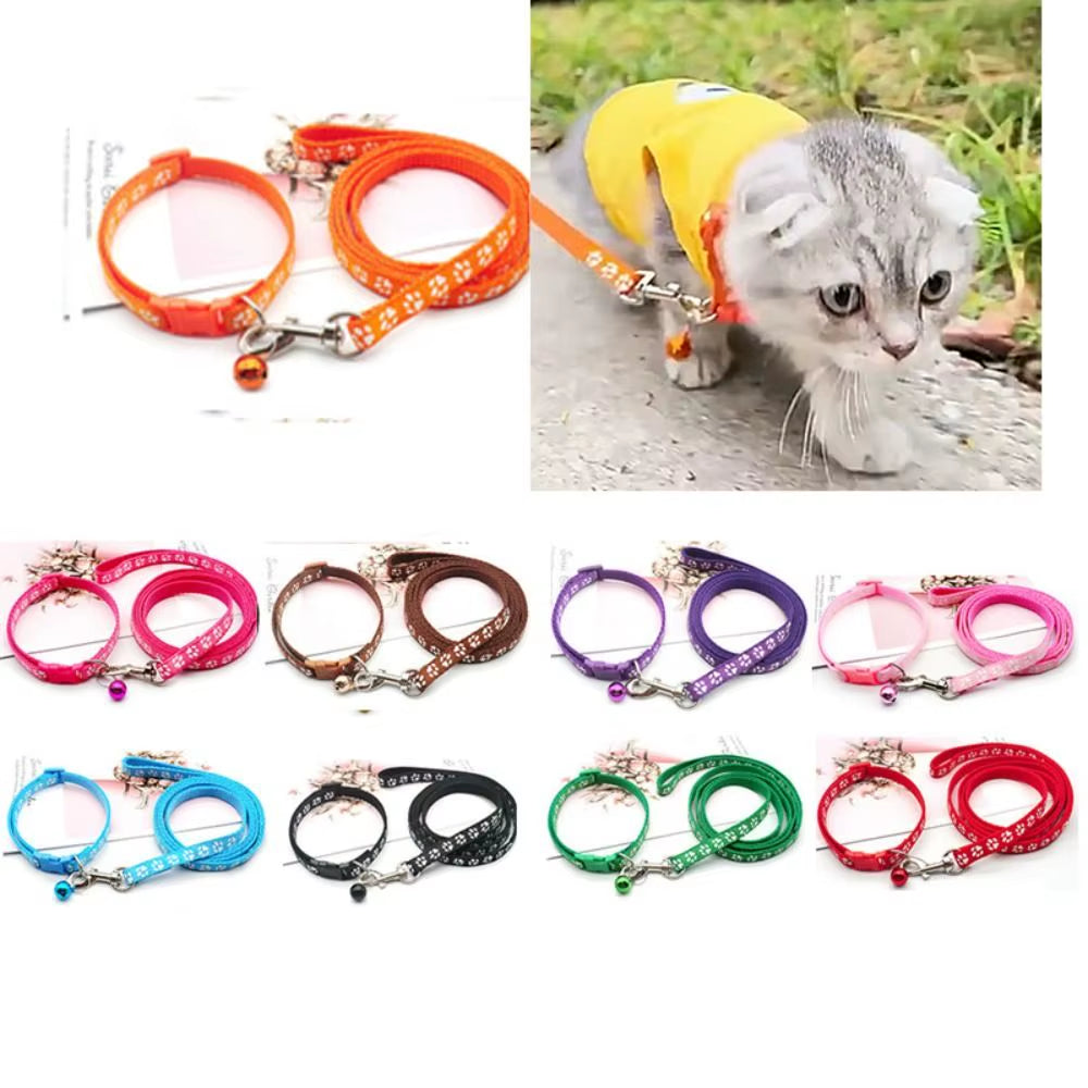 Cute Polyester Cat Harness and Leash Set with Bell Paw Pattern Pet Walking Vest Detachable Colorful Dog Harness Belt Rabbit