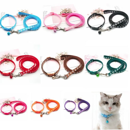 Cute Polyester Cat Harness and Leash Set with Bell Paw Pattern Pet Walking Vest Detachable Colorful Dog Harness Belt Rabbit